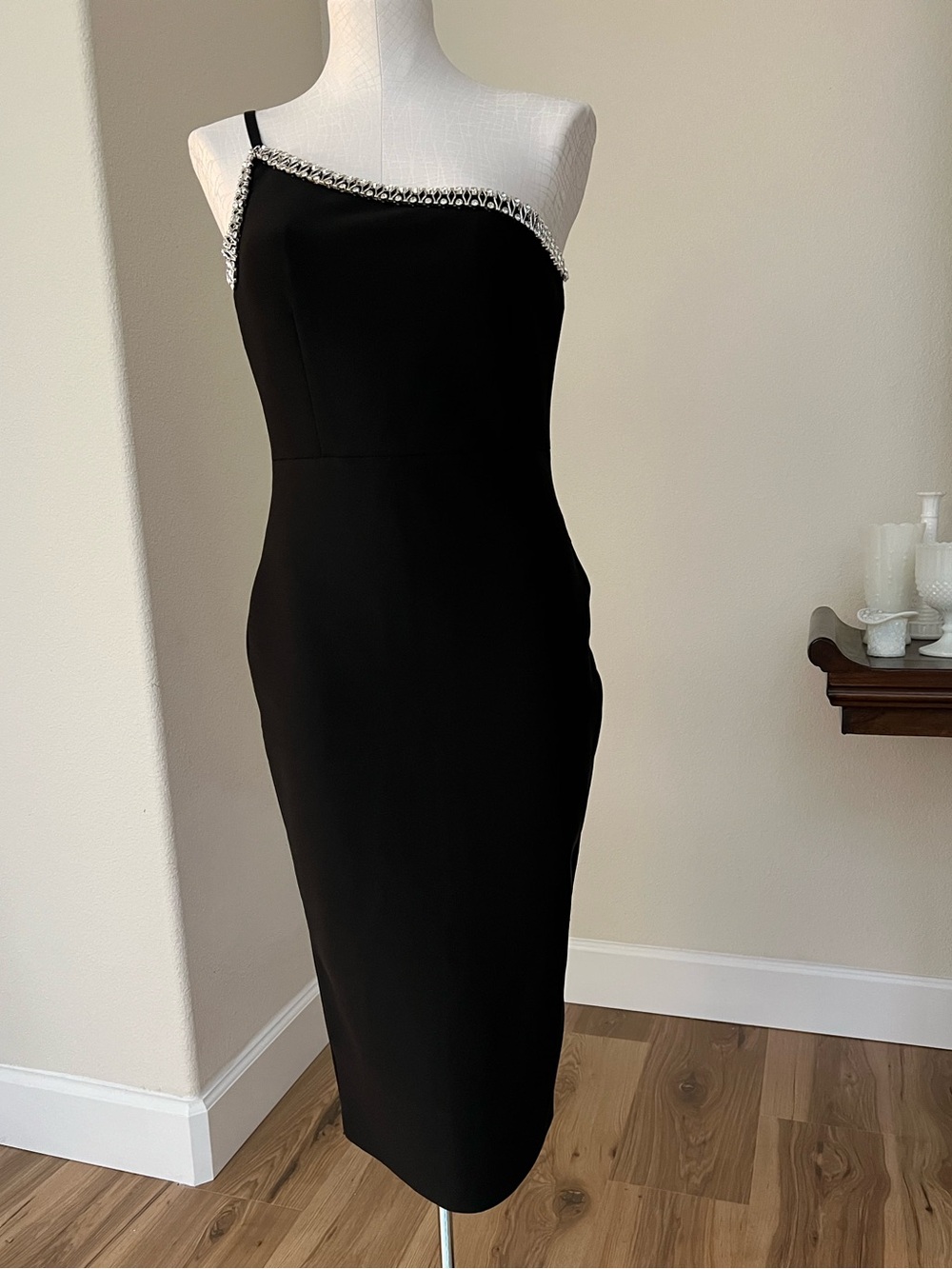 Black One-Shoulder Rhinestone Trim Bodycon Cocktail Dress Size Large